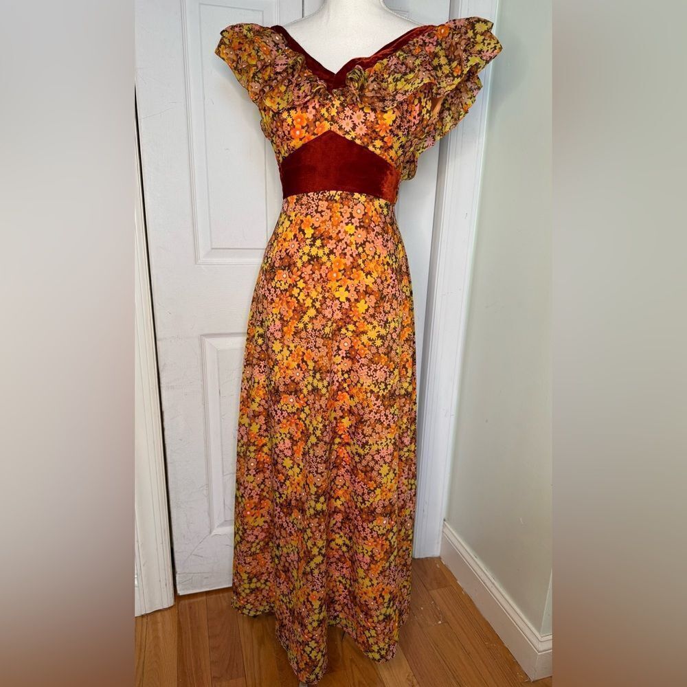 1970s Empire Waist Velvet and Floral Maxi Dress